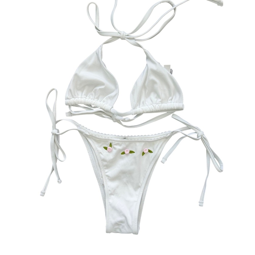 PINK by Frankies Bikinis White Ribbed Rose Embroidered Bikini Set M NWT